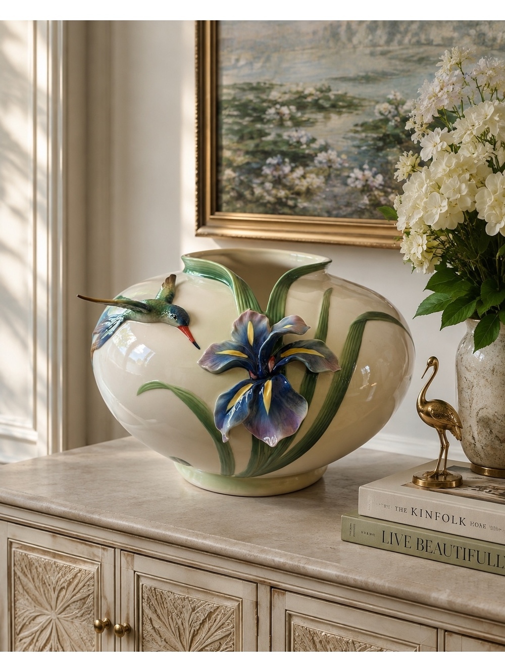 RANZ FZ00128 Long Tail Hummingbird Sculptured Porcelain Bowl Vase